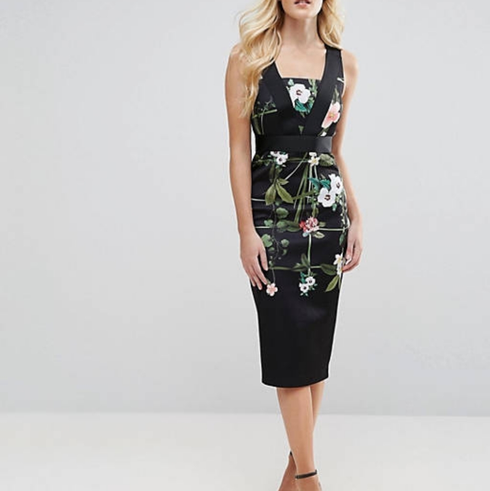 Ted Baker Black and Floral Midi Dress